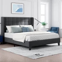 Letto matrimoniale con imbottito Testiera e Rete a doghe, Design elegante in lino, senza Materasso, 140x200 cm, Grigio