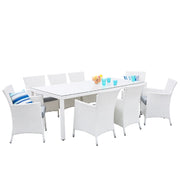 Set da Pranzo da Giardino con Tavolo e 8 Sedie con Cuscini in Simil Rattan Bianco