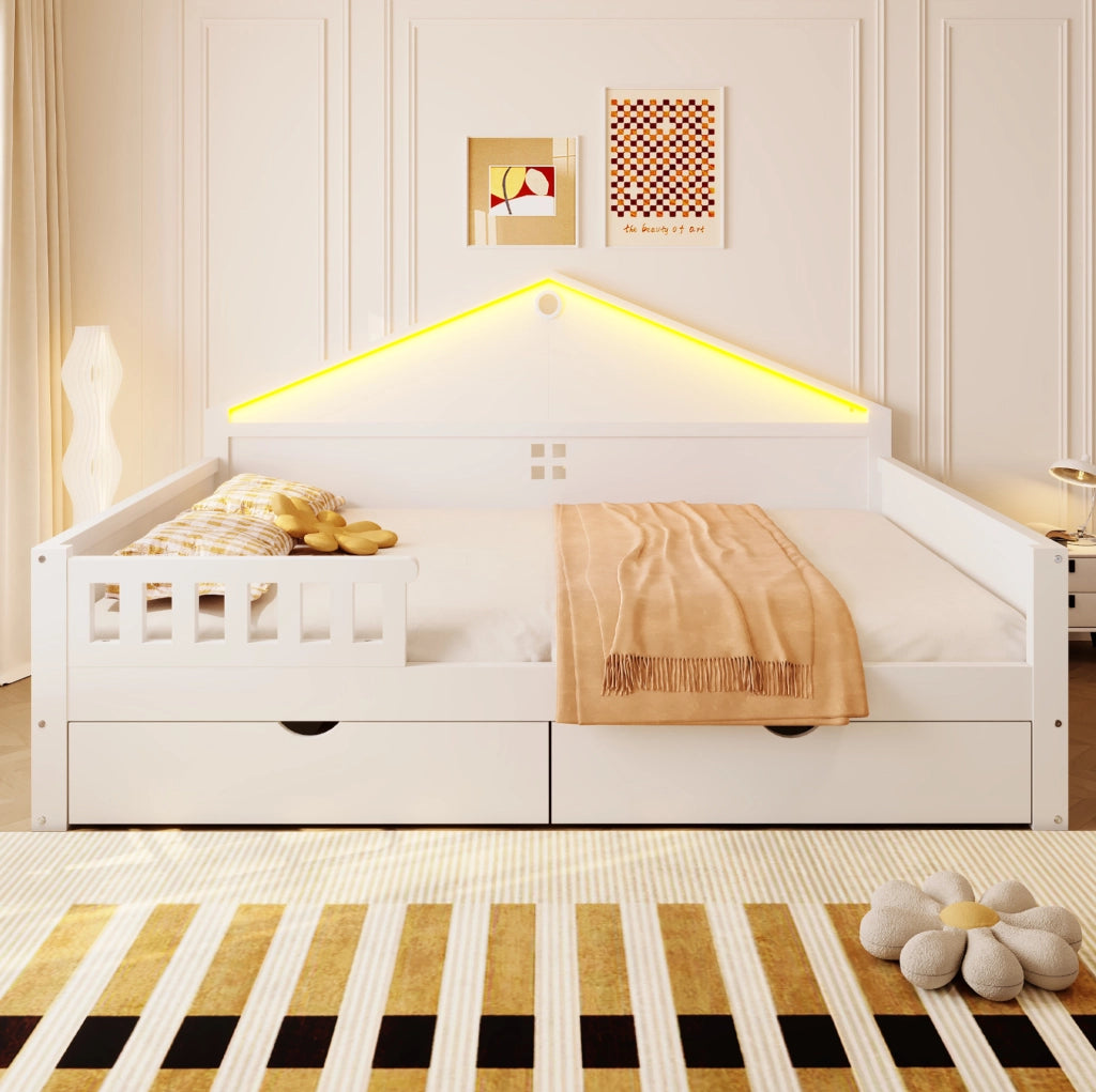Letto ULEVR 140x200 cm con LED controllabile via smartphone e 2 cassetti, bianco