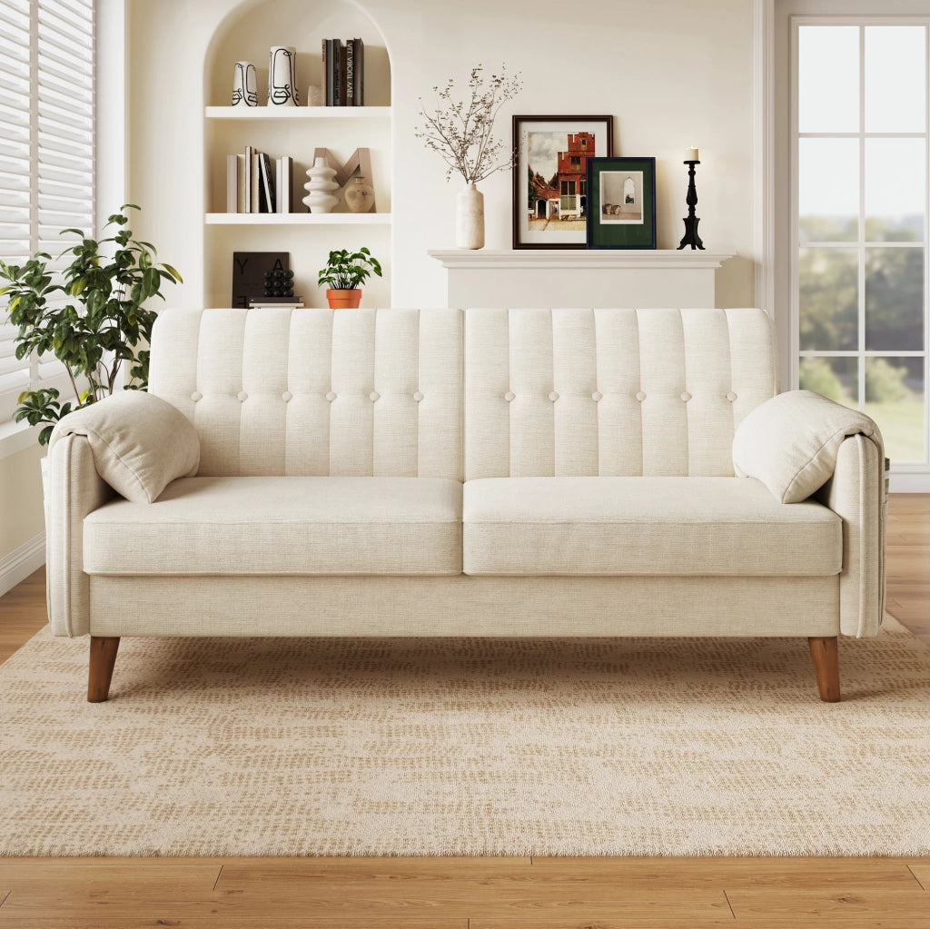 Divano a 2 posti in ciniglia beige con cuscini bracciolo; tasche laterali e gambe in legno; 161;5 cm