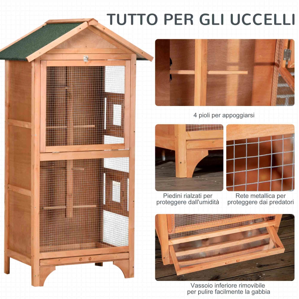 Gabbia per Uccelli in Legno e Metallo a 3 Aperture con 4 Posatoi e Vassoio Rimovibile. 80.5x57x153 cm. Arancione