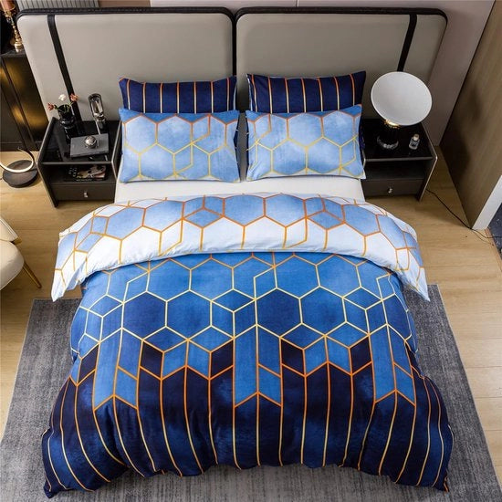 Set di coperte da letto, 155 x 220 cm, disegno marmo geometrico, set di coperte da letto e 1 coperta per divano di 80 x 80 cm, set a due pezzi di coperte da letto morbide e soffici con chiusura a zip, blu