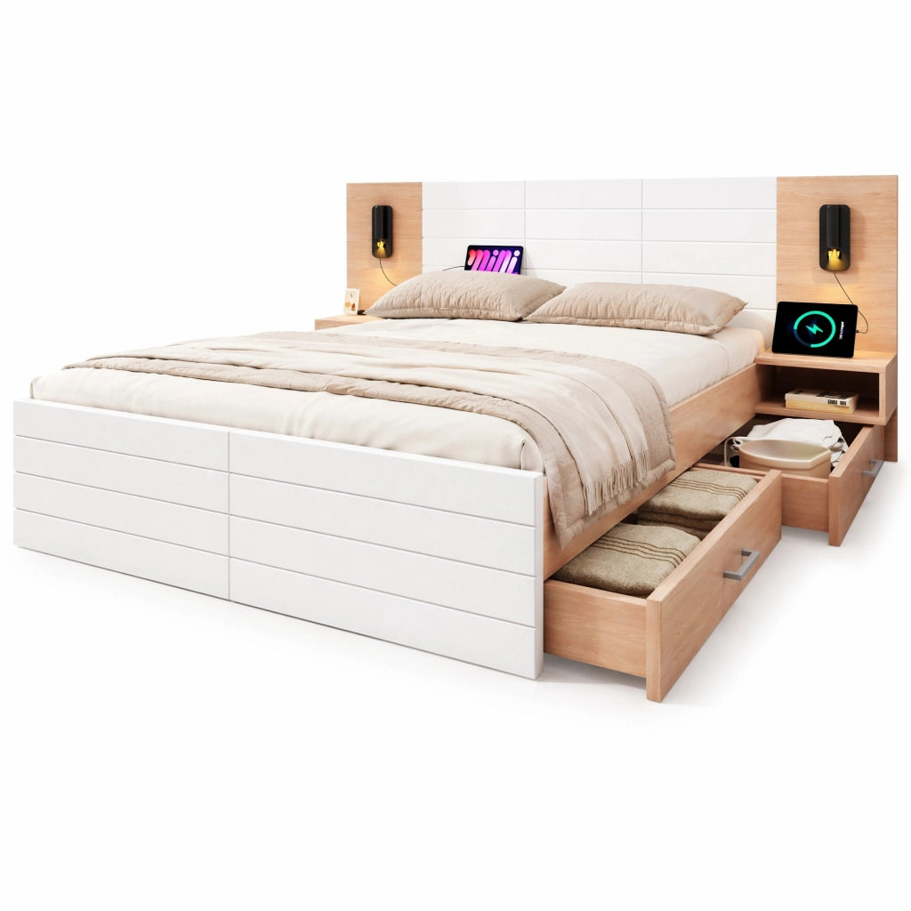 Letto matrimoniale 180x200 cm in legno massello e MDF con 2 cassetti, luci da lettura e USB, colore bianco e rovere
