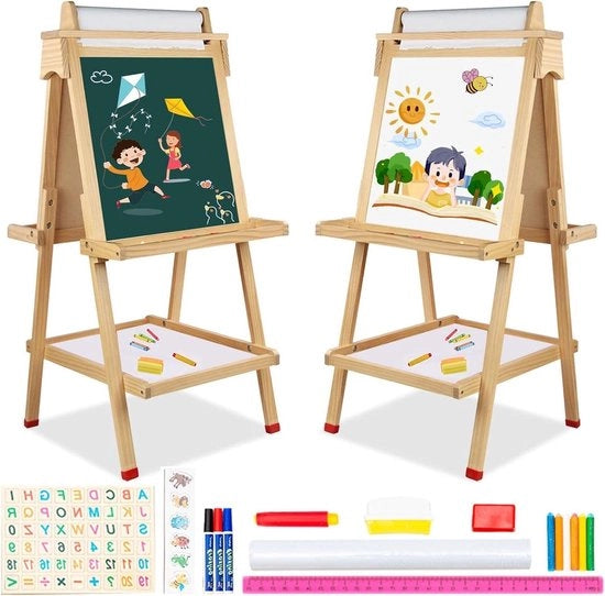 Sedia da disegno bimbi a doppia faccia - Sedia da disegno per bambini con lavagna e lavagna bianca - Inclusa bobina di carta, contenitore di archiviazione e adesivi - Adatta per bambini di almeno 3 anni
