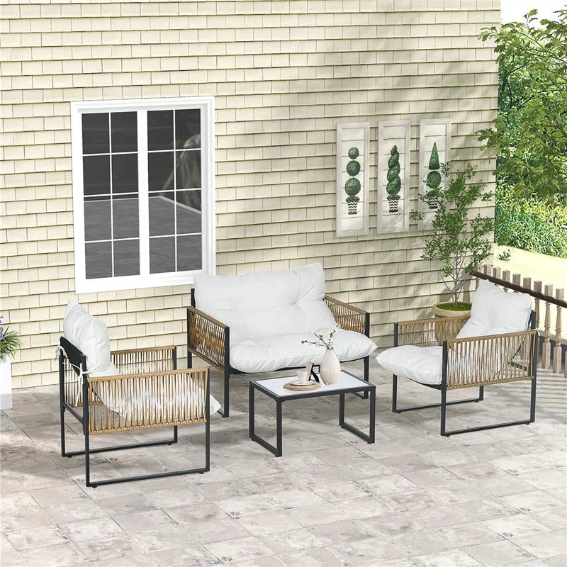 SET DA GIARDINO 4 PEZZI IN RATTAN CON DIVANETTO 2 SEDIE E TAVOLINO DA CAFFÉ NERO MARRONE E CREMA