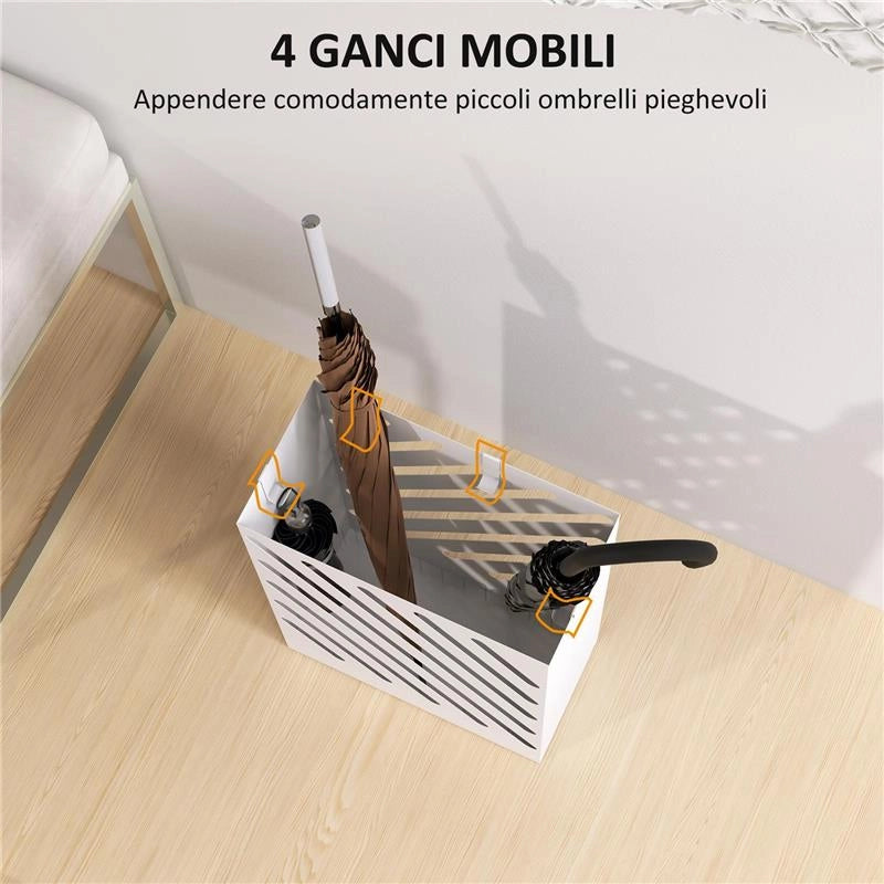 PORTAOMBRELLI DI DESIGN CON VASCHETTA RACCOGLI GOCCE E 4 GANCI IN METALLO 28X14X41 CM BIANCO