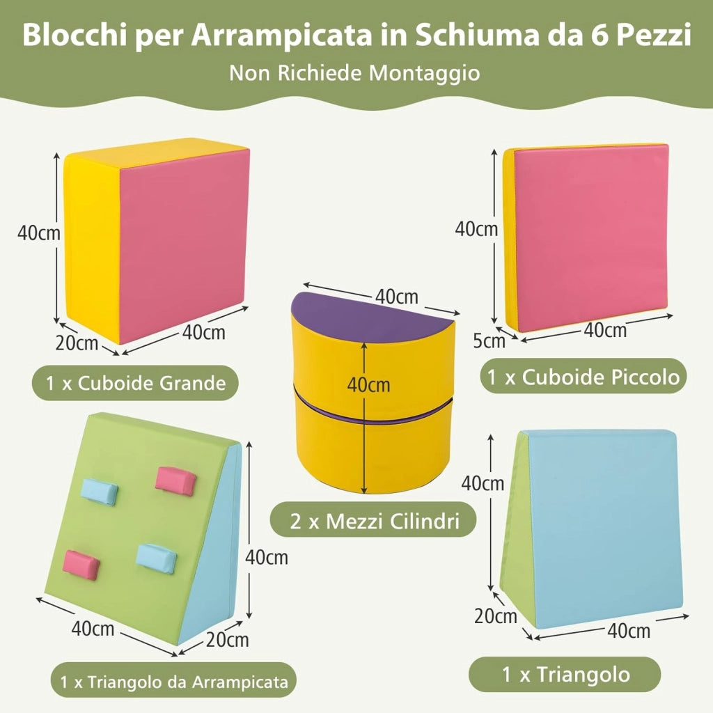 Set di 6 Blocchi di Schiuma per Arrampicata per Bambini, Blocchi in Schiuma per Arrampicarsi e Strisciare, Costruzione Mattoncini Morbidi per Bambini 12+ Mesi (Colorato)