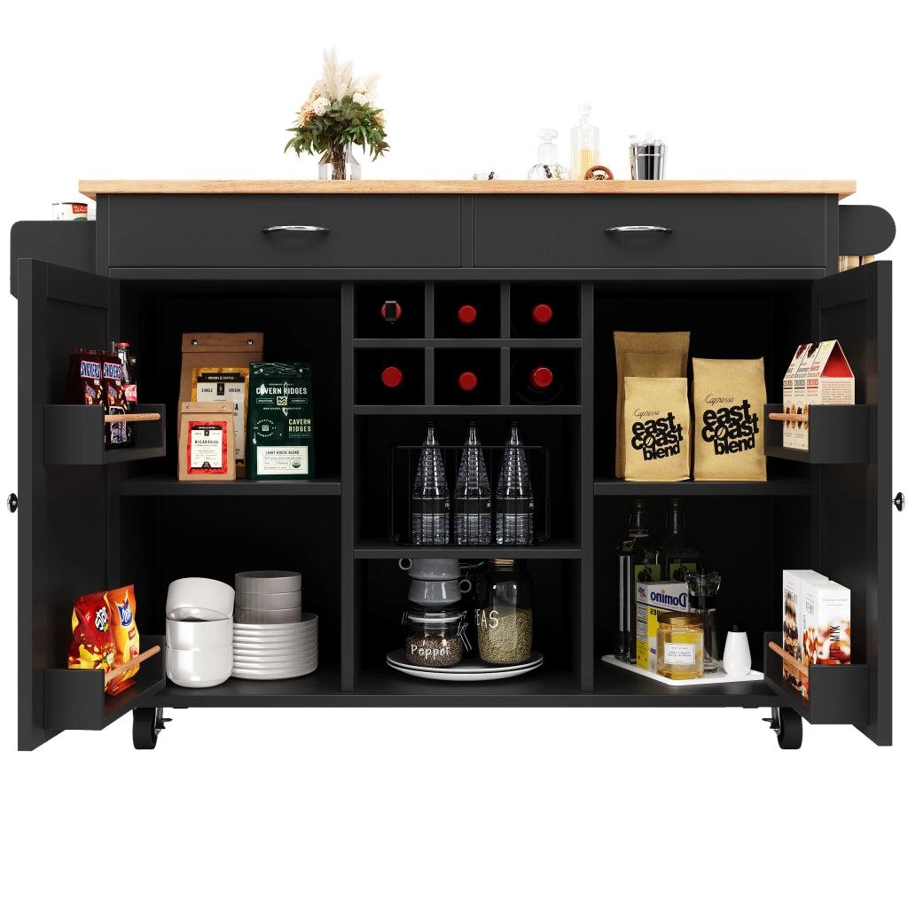 Carrello da Cucina con Portabottiglie; Ripiani Regolabili e Ruote con Freno; in MDF e Metallo; 102x45x92 cm; Nero