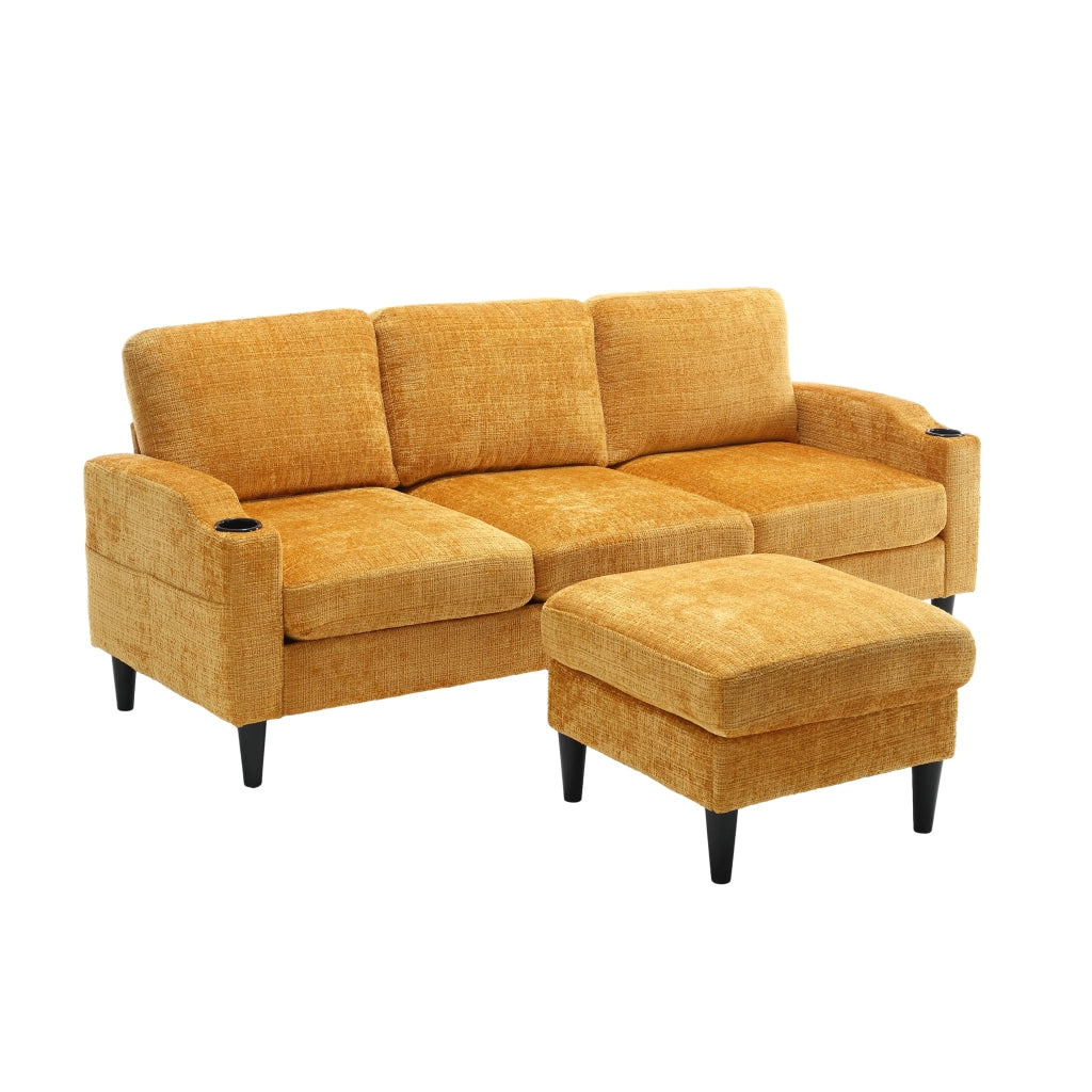 Divano a 4 Posti con Pouf Contenitore; Portabicchieri e Tasche Laterali; in Ciniglia Gialla; 196;5 x 75 x 77 cm