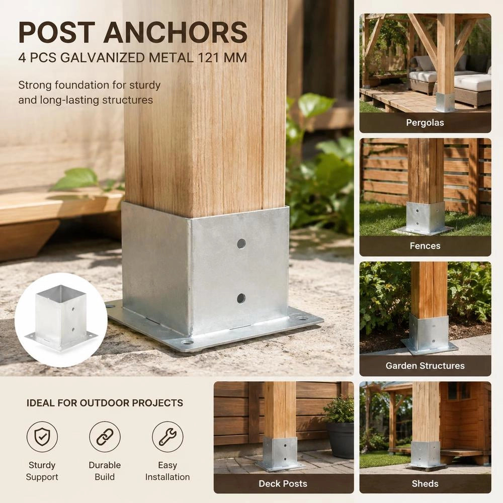 Post Anchors, 4 Pieces, Galvanized Metal, 121 Mm