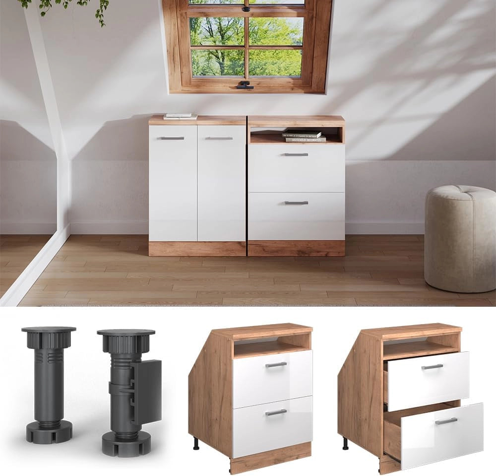 Mobile sottotetto Rion, Bianco lucido, 60 x 81.6 cm con 2 cassetti, carcassa 60 cm profondità, adatto per il salvaspazio sotto tetti spioventi