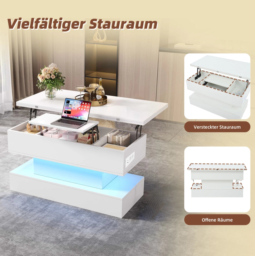 Tavolino da salotto sollevabile con contenitore e presa USB; 100 x 50 x 51;5 cm; bianco
