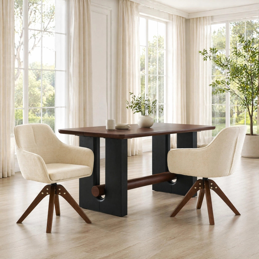 Sedia da Pranzo Set da 2 Girevole a 360° con Braccioli e Schienale Ergonomico in Tessuto Bianco e Legno Massello Noce