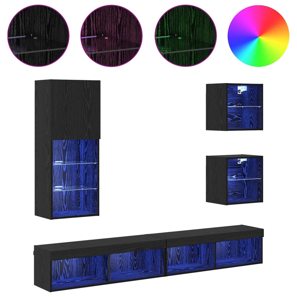 Mobile Porta TV con LED 5 pz-Credenza per TV Rovere Nero Legno multistrato 877669