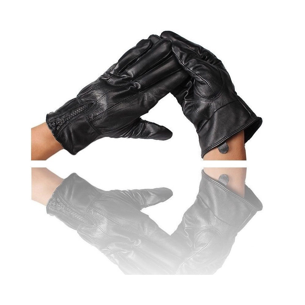 Trade Shop - Guanti Pelle Nero Uomo Guanto Universali Gloves Invernale Fodera Pile -
