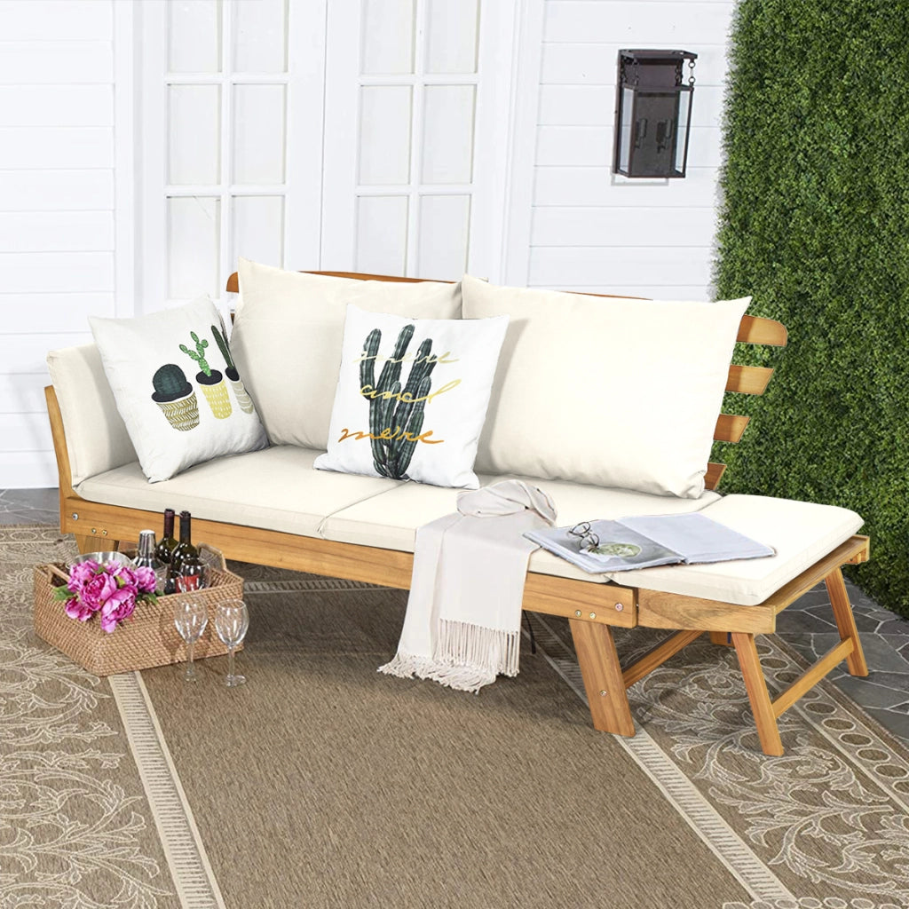 Divano letto convertibile in legno d'acacia con braccioli regolabili cuscini, Chaise longue da esterno Beige