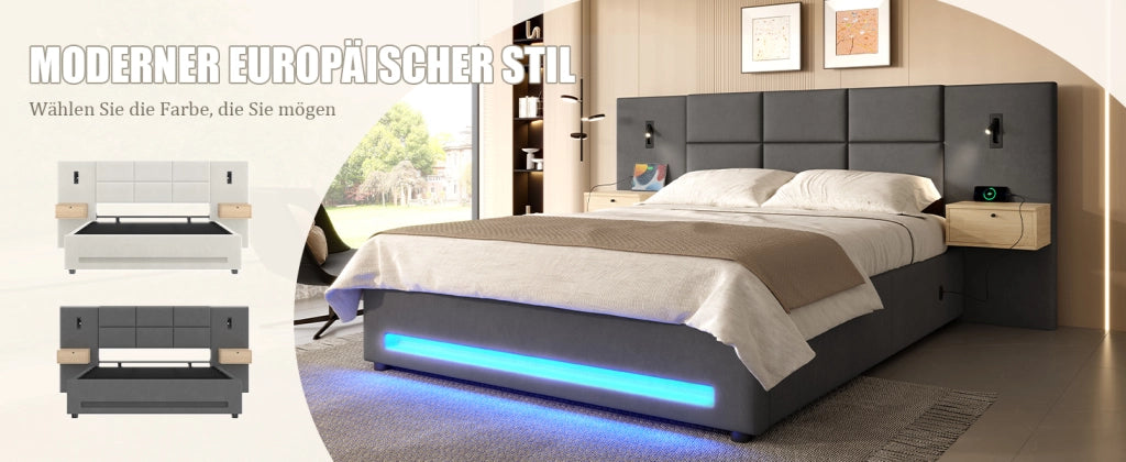 Letto contenitore 180 × 200 cm con cassetti nella testiera, LED, USB Type-C, senza materasso, in velluto, grigio scuro