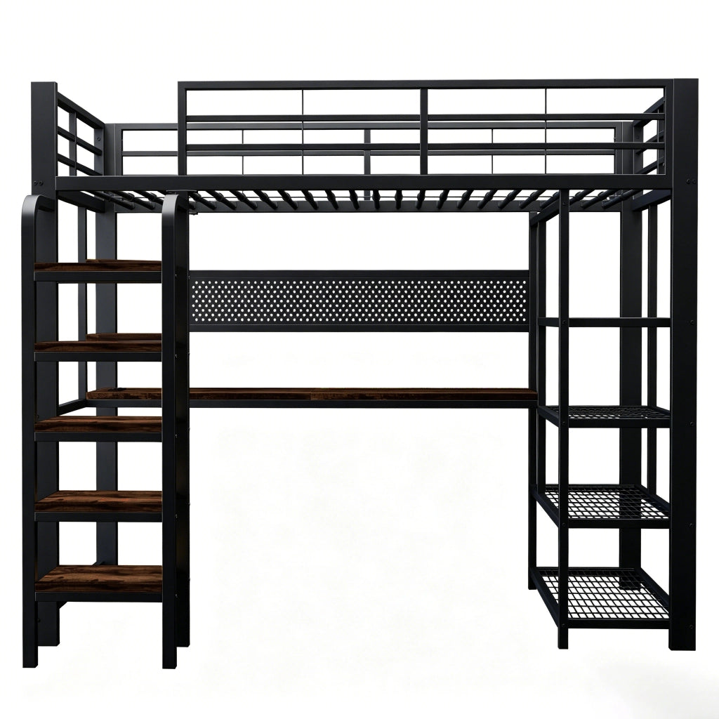 Letto a soppalco multifunzione in metallo e legno, con LED, scrivania e prese, nero, 90x200 cm