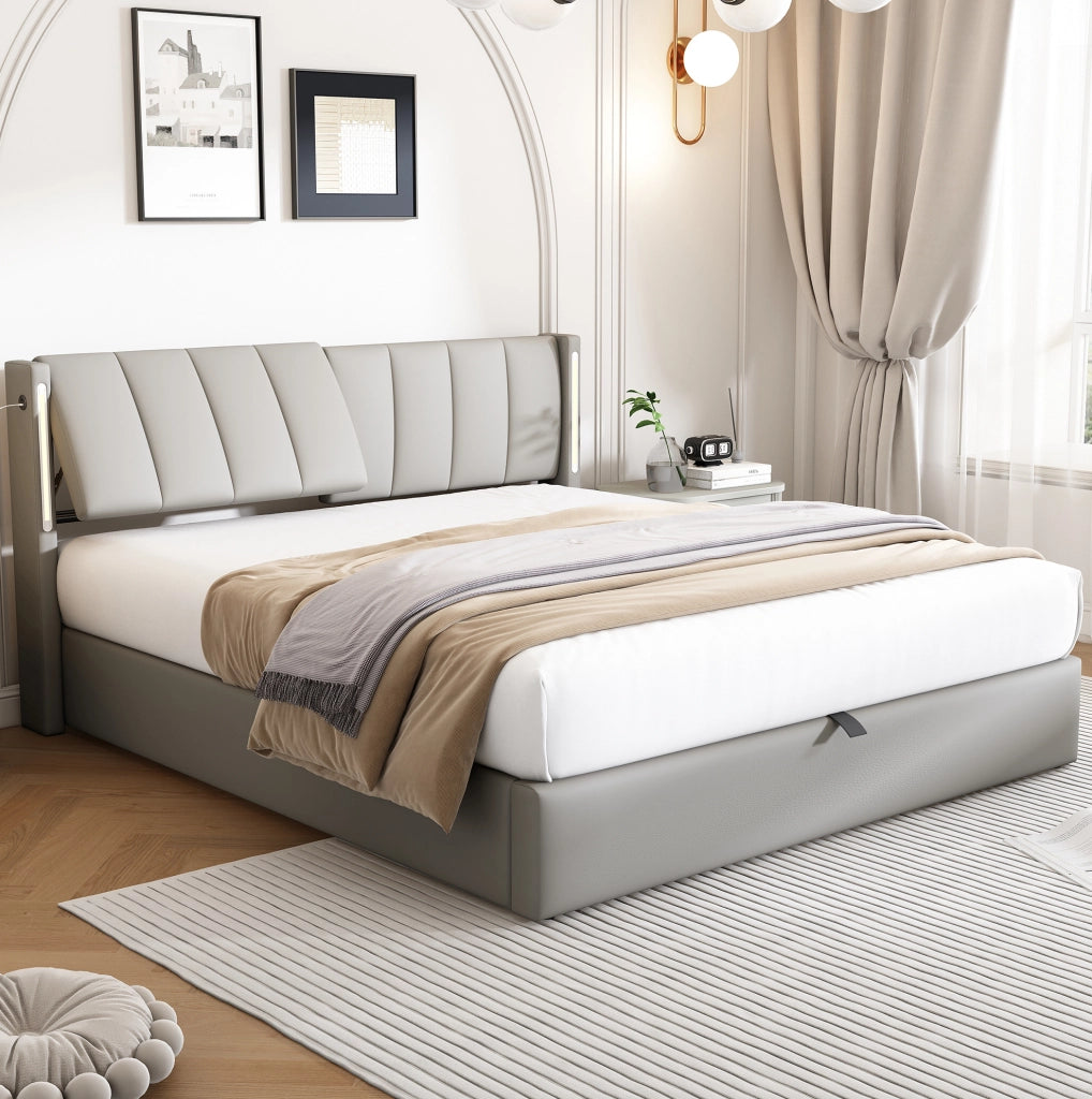 Letto matrimoniale 140x190 cm in PU grigio con LED; USB Type-C e contenitore