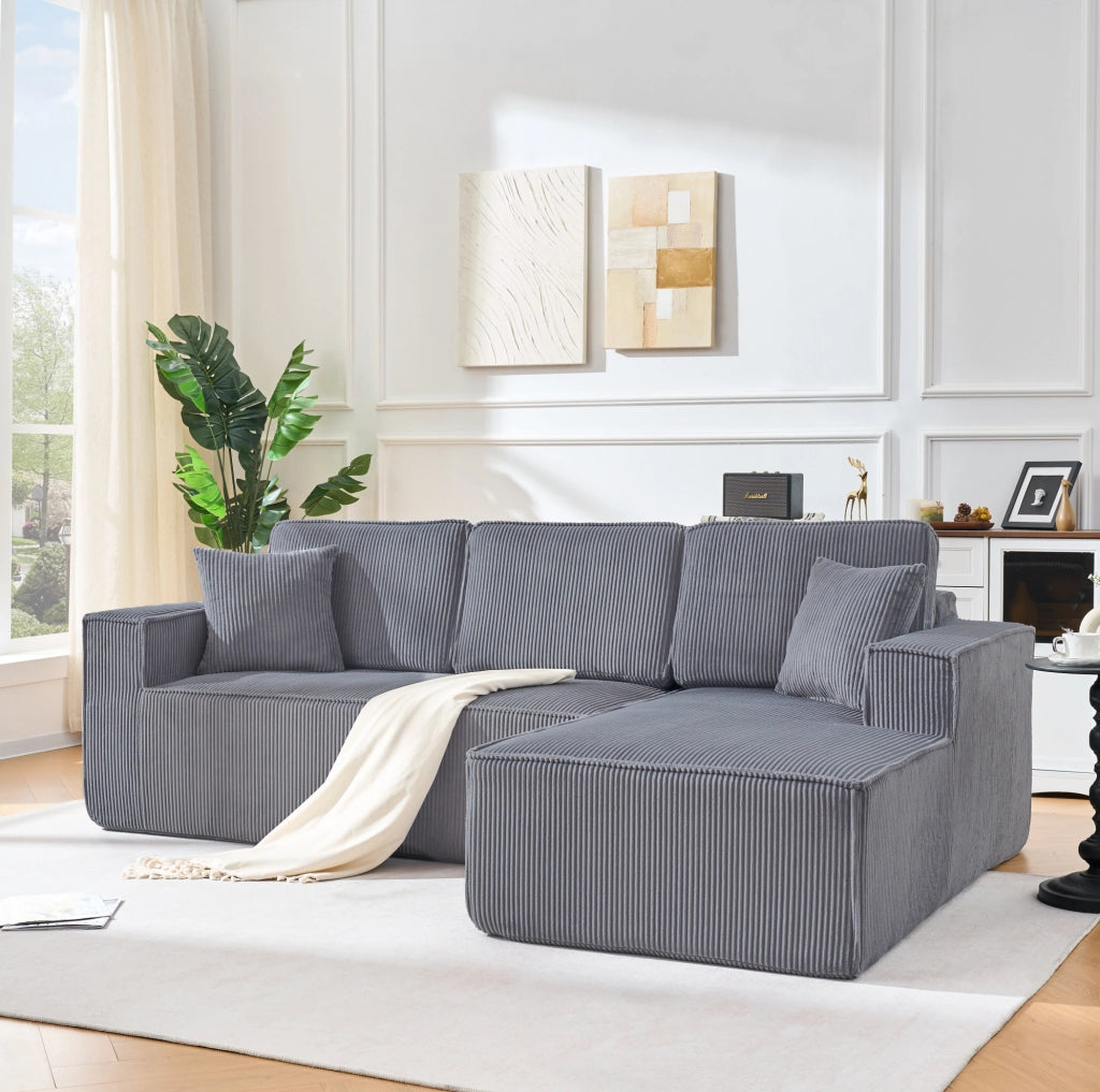 Divano angolare modulare a L; 2 posti con chaise longue; 235 x 128 x 60 cm; velluto a coste grigio