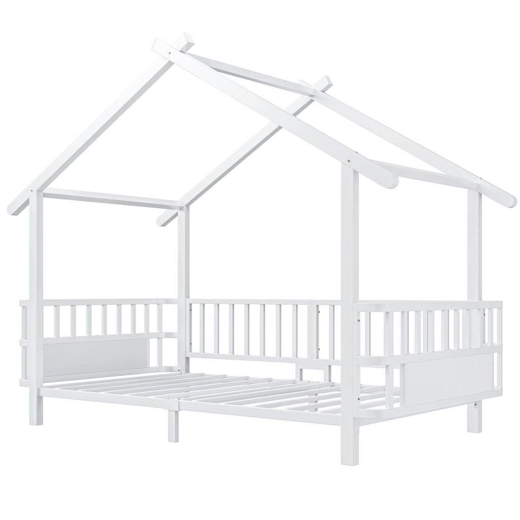 Letto per bambini in metallo a forma di casa, 90 x 200 cm, con sponde di sicurezza, design con tetto, bianco
