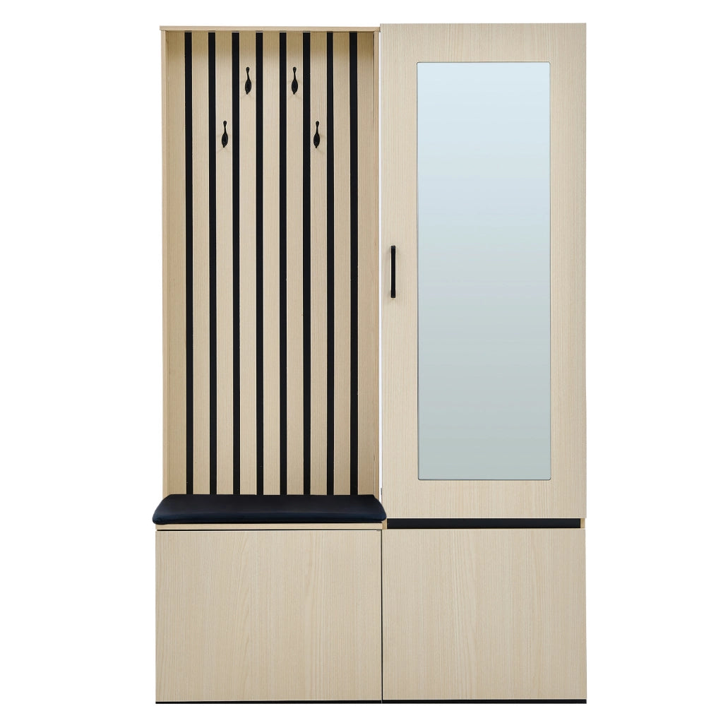 Mobile d'ingresso con specchio; panca; 4 ganci; vano scarpe e barra appendiabiti estraibile; in MDF; legno
