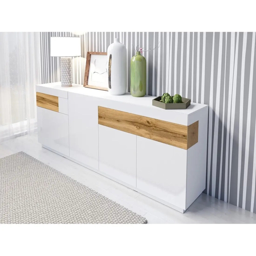 Buffet 3 porte 2 cassetti KILES – Bianco e quercia – Design moderno spazioso