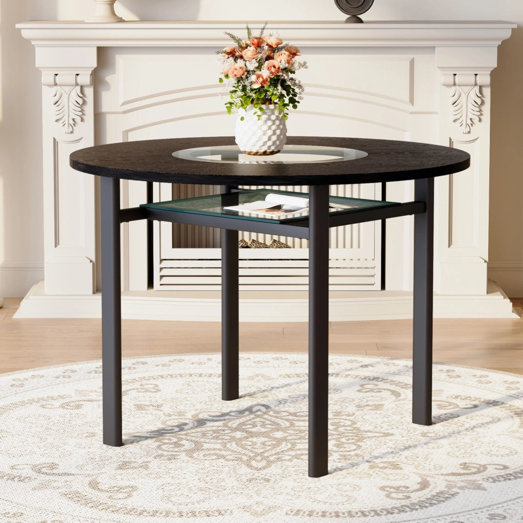 Tavolo rotondo 100 cm in MDF nero con inserto in vetro e struttura in metallo