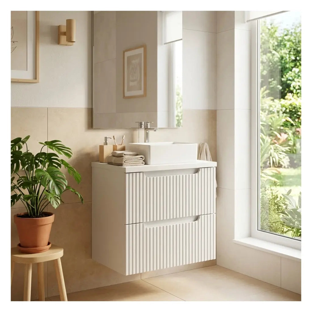 Set da bagno VANO bianco 50cm: mobile sottolavabo con cassetti + top per lavabo bianco + lavabo rettangolare da appoggio