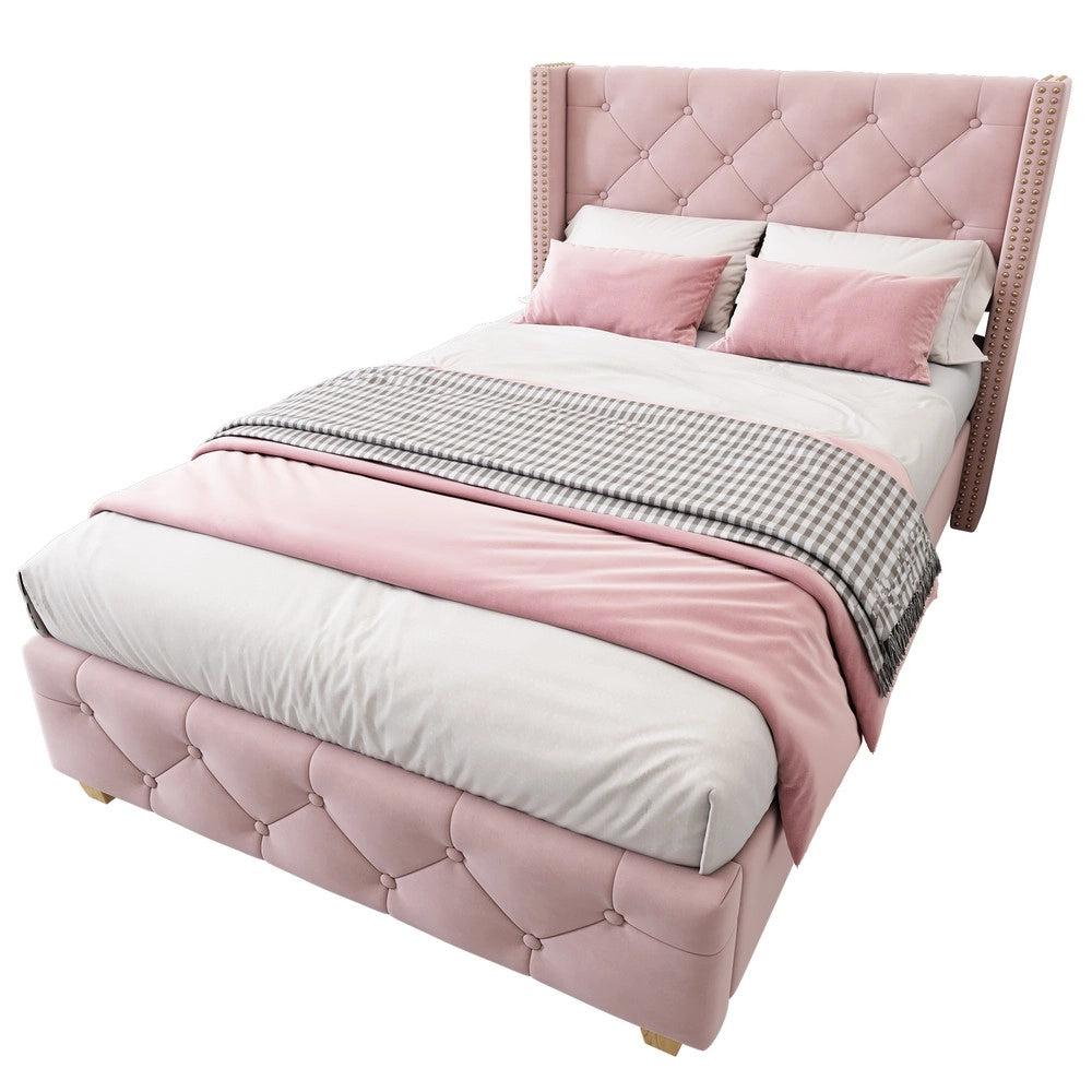 Letto Imbottito Singolo ¨C MINIMAL ¨C Velluto Rosa, Testiera, Doghe, 90x200