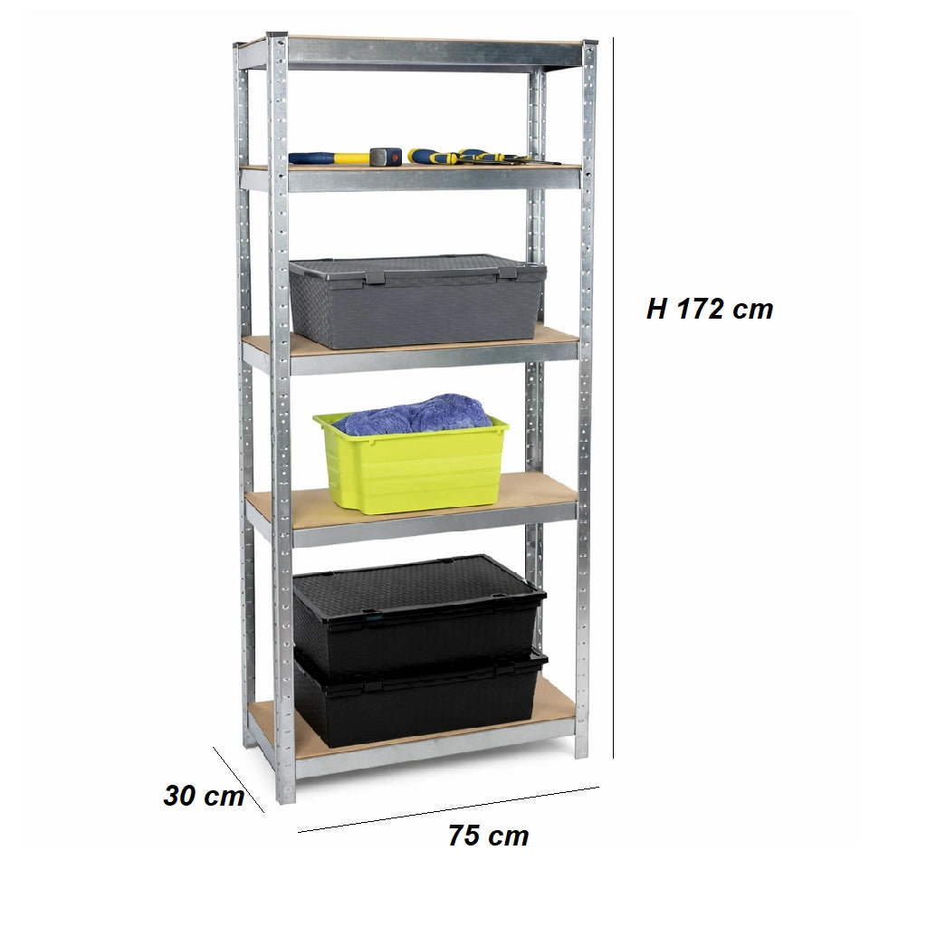 Scaffale Metallo Zincato e Legno 5 Ripiani 75x30 H 172 cm Casa Lavoro Ufficio Garage