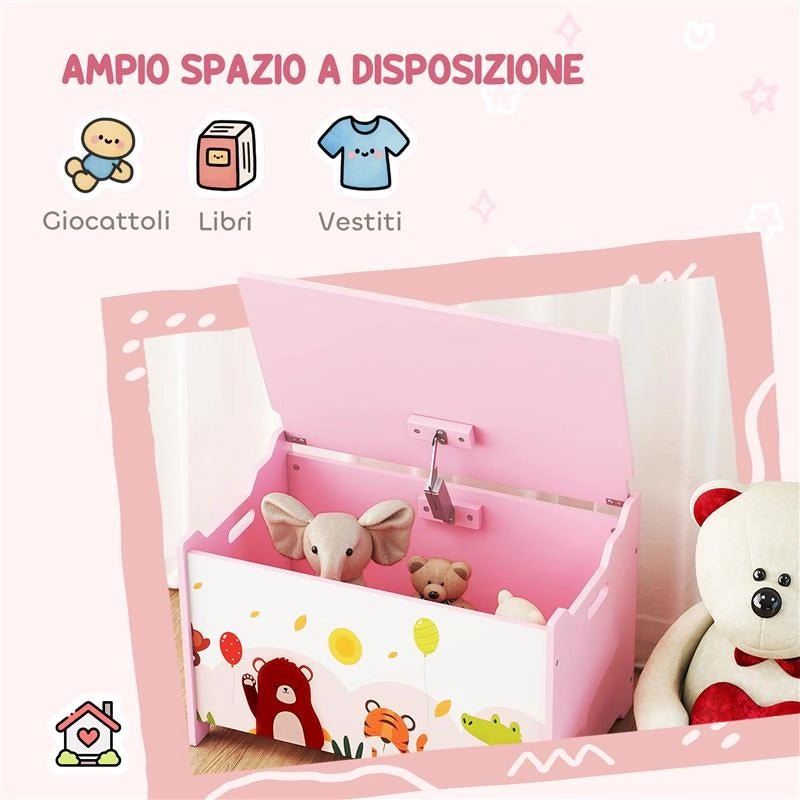 BAULE PORTAGIOCHI PER BAMBINI CON CERNIERE DI SICUREZZA IN LEGNO CON DISEGNI DI ANIMALI, 60X37X39 CM, ROSA
