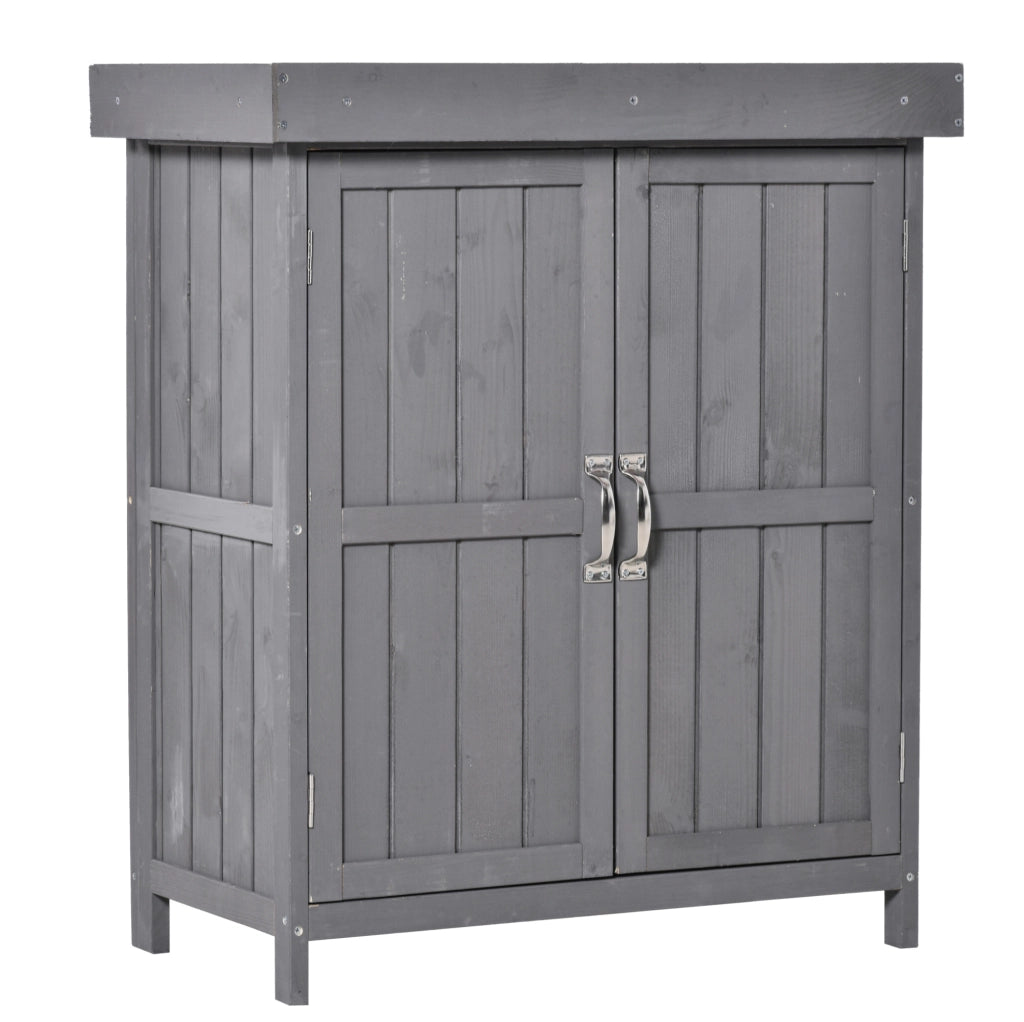 Mobile da giardino per attrezzi con piano di lavoro e doppie ante 74x43x88 cm; legno grigio