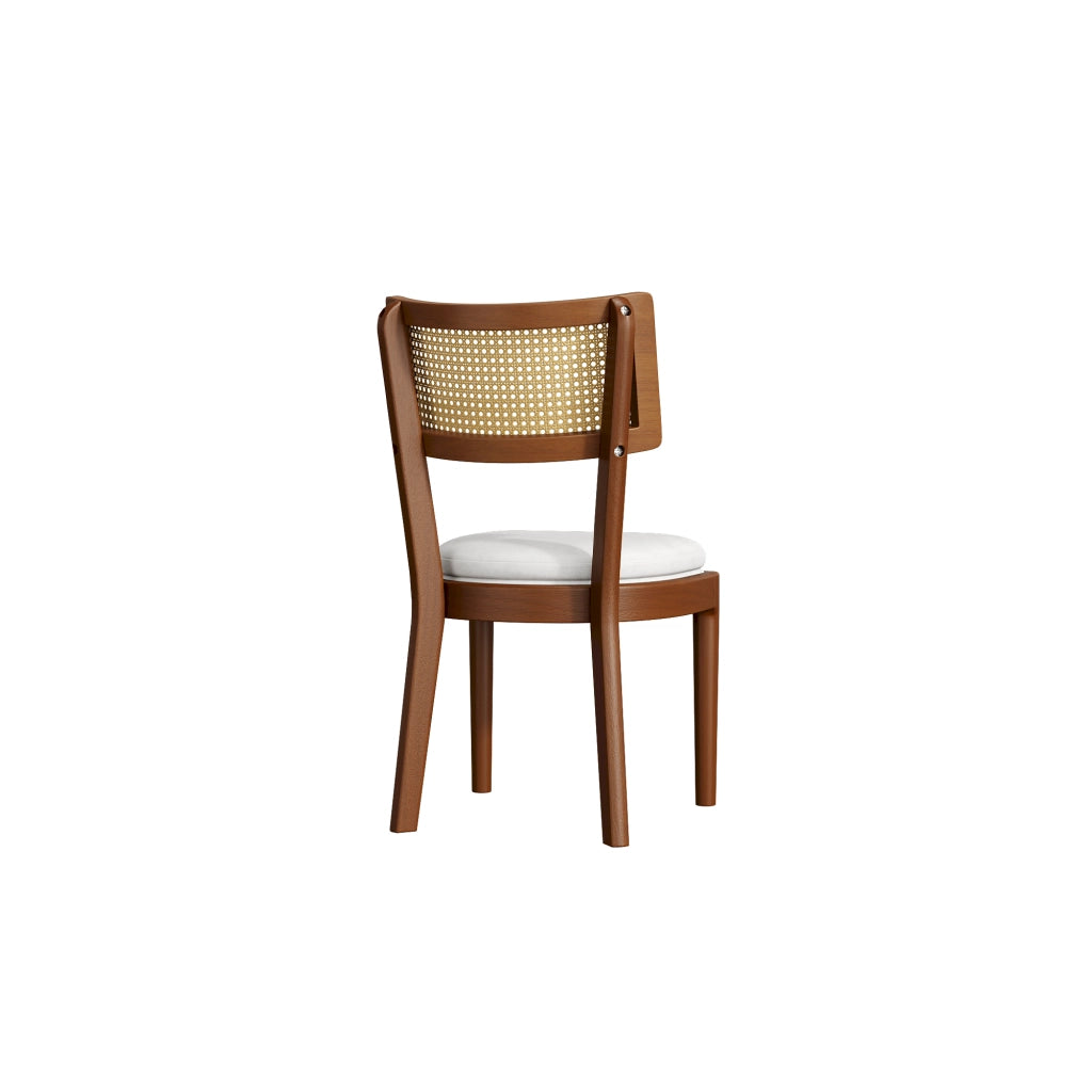 Set di 4 sedie da pranzo in legno massello con schienale in rattan, cuscino in lino, colore noce