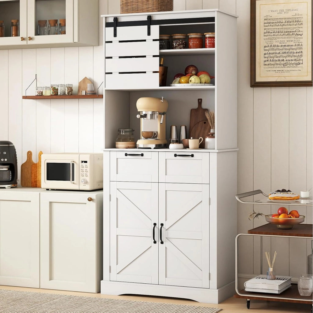 Armadio da cucina con piano di lavoro, buffet da cucina con stazione di ricarica, armadio alto con ripiano regolabile e 2 cassetti, armadietto con porta scorrevole, armadietto da cucina
