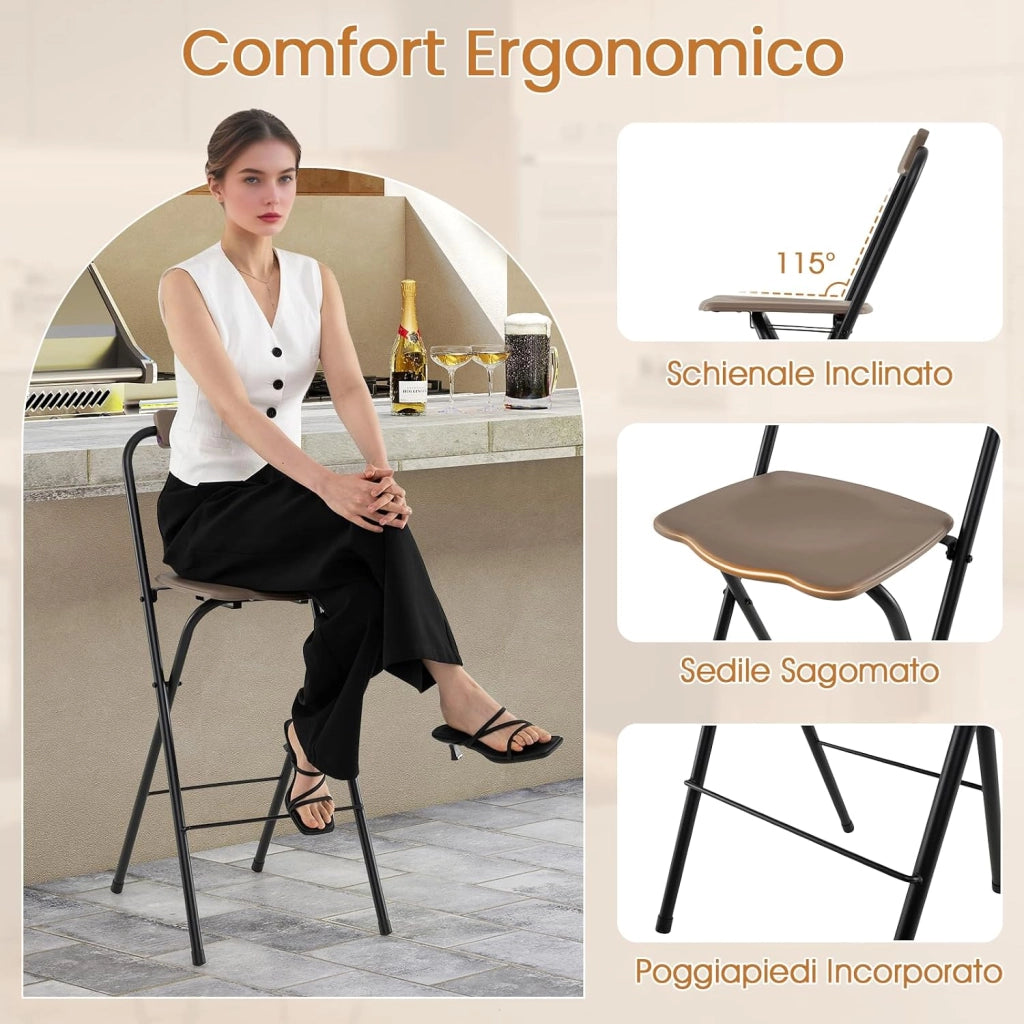 Set di 2 Sgabelli da Bar Pieghevoli, Sedia Alta con Schienale e Poggiapiedi, Struttura in Metallo, per Interno ed Esterno, Portata 150 kg (Marrone)