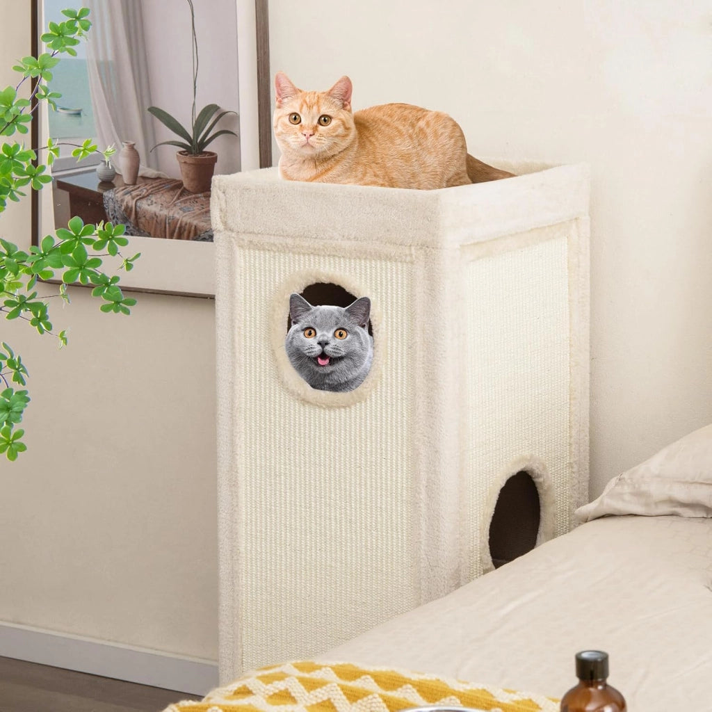 Casa per Gatti a 4 Piani, Condominio per Gatti Alto 99 cm con Trespoli per Graffiare, 3 Nascondigli e 4 Morbidi Cuscini in Peluche, Mobili per Gatti Moderni a Forma di Barile (Naturale)