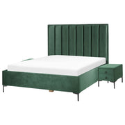 Set camera da letto in velluto verde scuro matrimoniale 160 x 200 cm letto con contenitore 2 comodini imbottiti