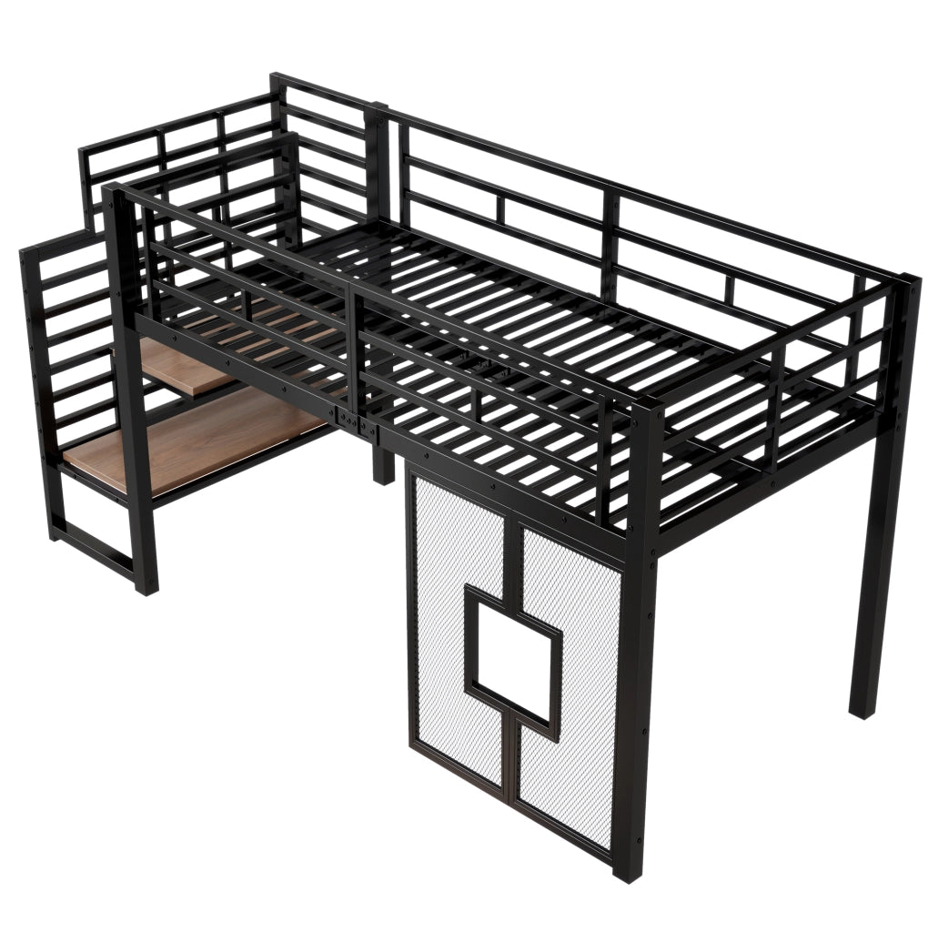 Letto a soppalco 90x200 cm in metallo con scala contenitore e LED
