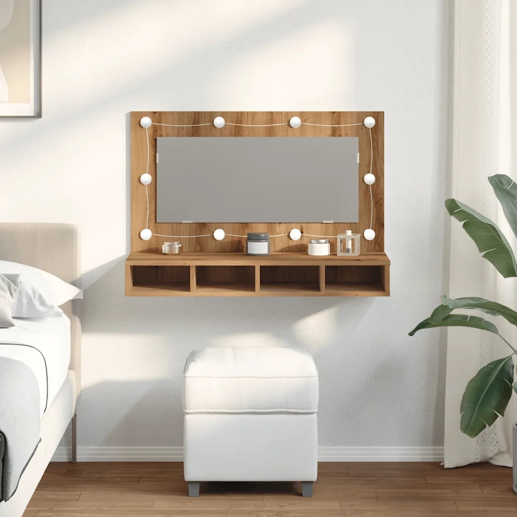 Mobiletto a specchio con LED-Armadietto a Specchio in rovere artigianale 90x31,5x62 cm