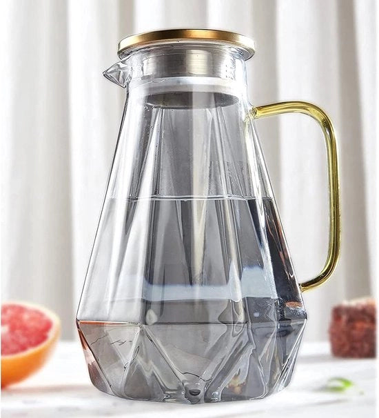 Karaffa in vetro con coperchio, 2 litri, caraffa per acqua in design diamantico moderno, cannetta in vetro con manico per frutta, acqua cannetta duratura, resistente al calore per tè freddo/latte/caffè.