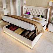 Letto matrimoniale 180x200 cm con contenitore; testiera trapuntata beige in cotone; USB e LED