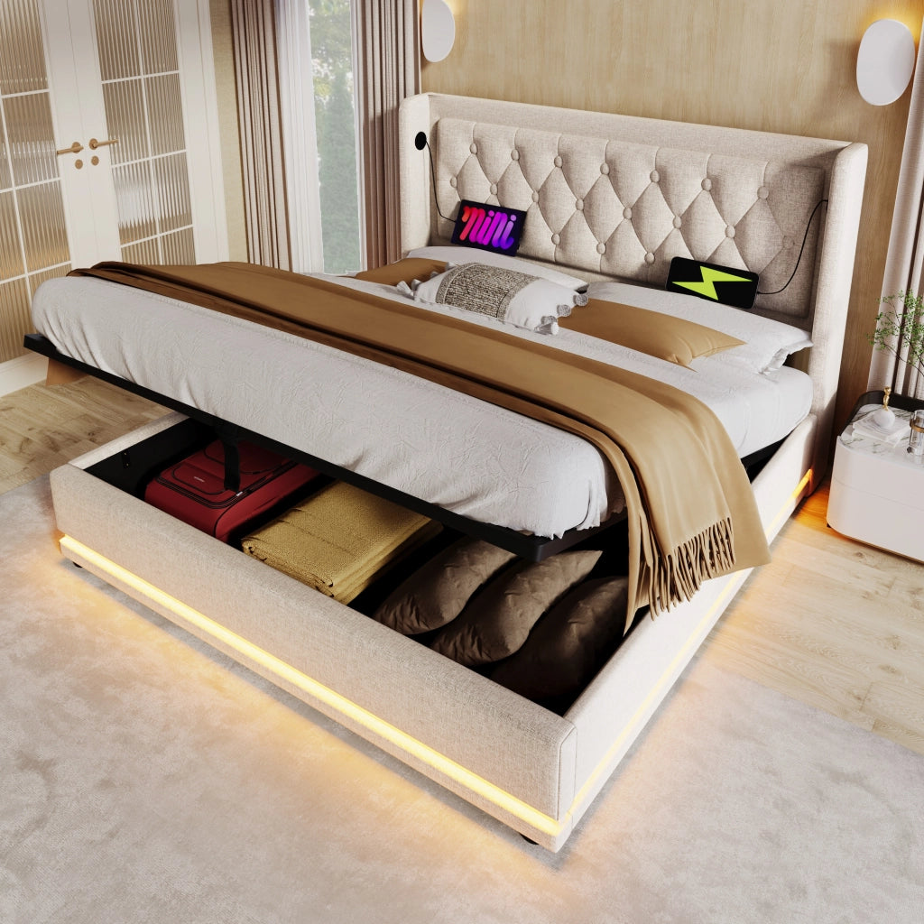 Letto matrimoniale 180x200 cm con contenitore; testiera trapuntata beige in cotone; USB e LED