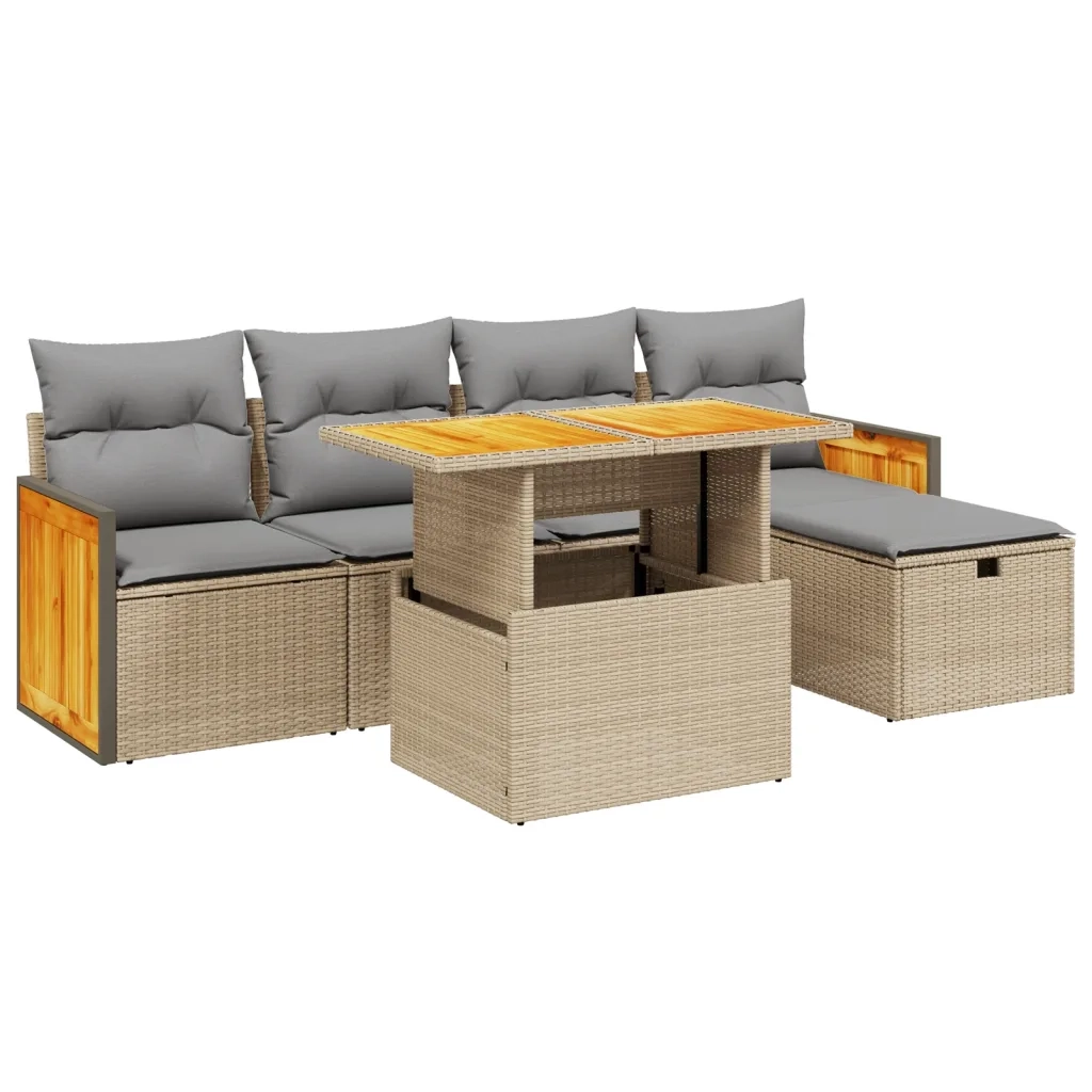 Set Divano da Giardino 6 pz con Cuscini Beige in Polyrattan