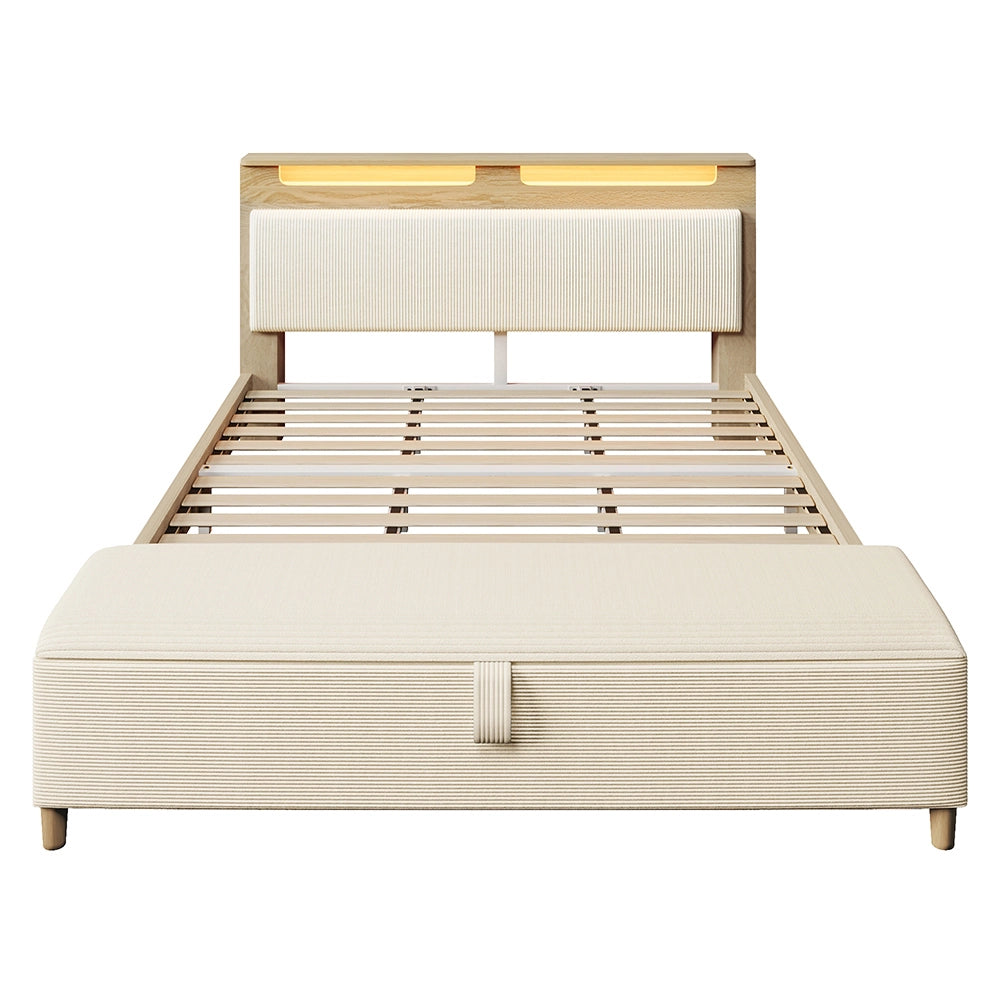 Letto matrimoniale-Xylo-180x200 cm-con banquette, LED, velluto beige, quercia chiaro