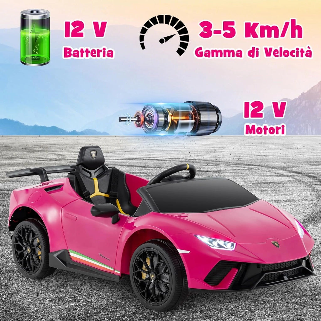12V Lamborghini Auto Elettrica per Bambini, Macchina Elettrica Cavalcabile con Telecomando, Luci LED Musica e Funzione di Avvio Lento, 3-5 Km/h, per Bambini 3 Anni+ (Rosa)