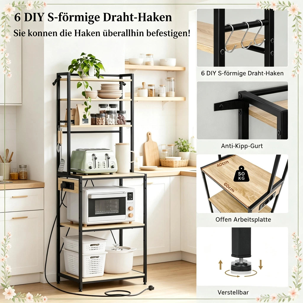 Mobile contenitore con 3 prese e 6 ripiani aperti per cucina, in metallo e truciolare, rovere chiaro, 60 × 40 × 167 cm