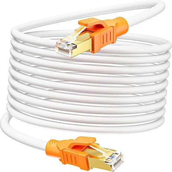 Cavo Ethernet Cat 8 10m - Alta Velocità 40Gbps 2000MHz - Bianco S/FTP - Schermato - Cavo di Rete 30ft - Cavo Lan Gigabit - Cavo di Collegamento Router Modem