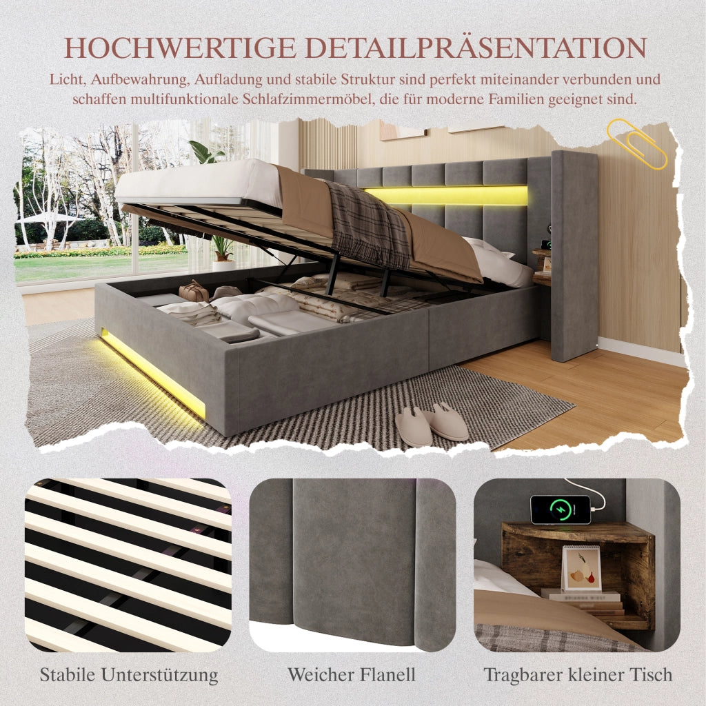 LETTO Contenitore 160x200 cm in velluto grigio scuro con USB e LED