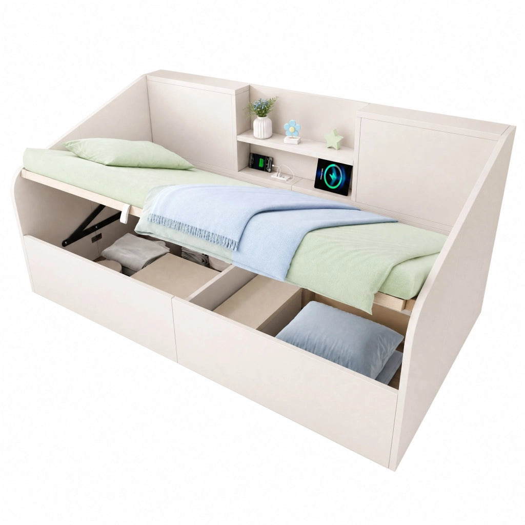 Letto singolo idraulico 90x190 cm bianco con contenitore e stazione USB